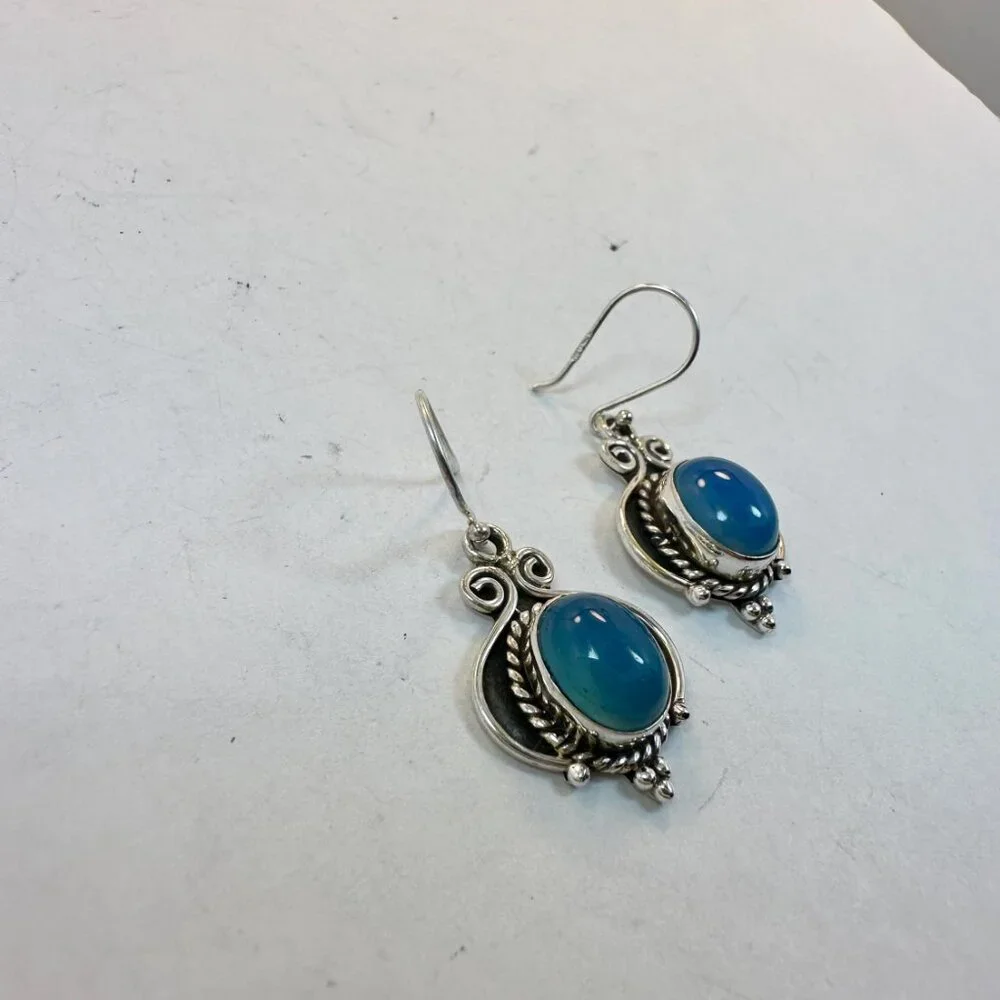 Chalcedony Earrings, Sterling Silver, Pierced, Blue Stone, Dangle, Ear Wire